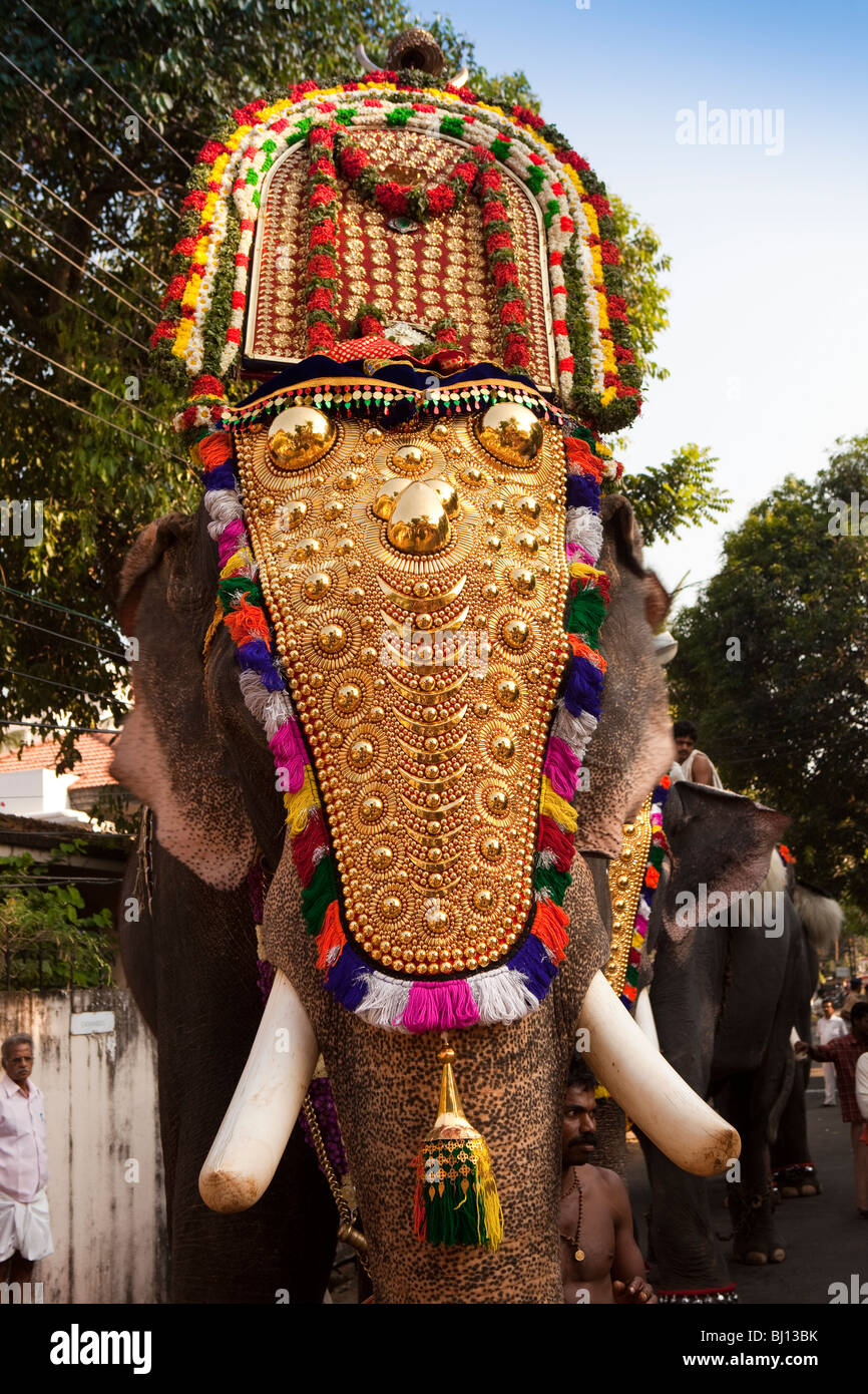 India, Kerala, Kochi, Ernakulam Uthsavom festival, Parayeduppu elephant procession head of caparisoned elephant Stock Photo