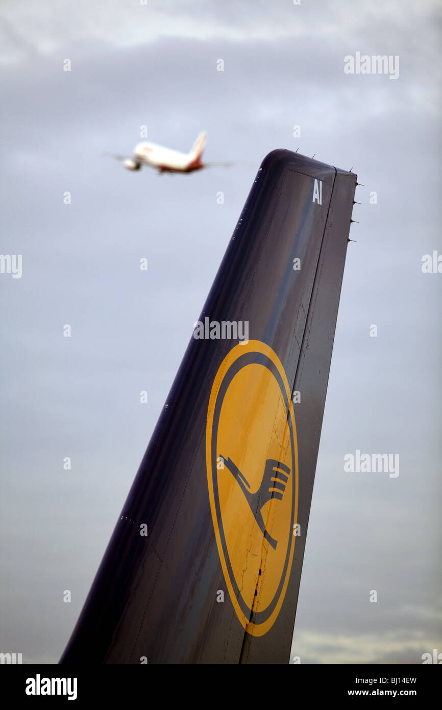 Vertical fin of an airplane with logo of Lufthansa airlines Stock Photo