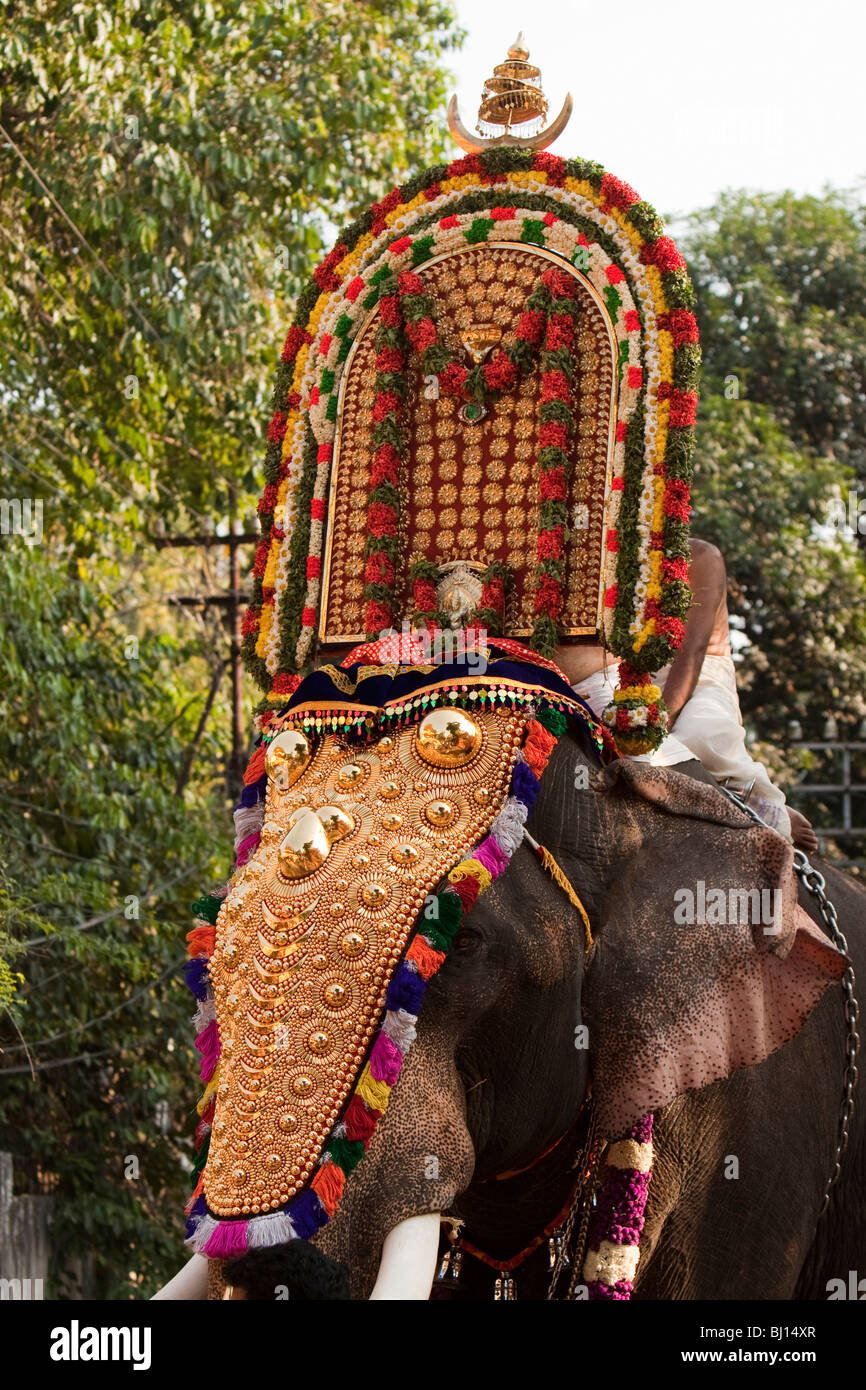India, Kerala, Kochi, Ernakulam Uthsavom festival, Parayeduppu elephant procession priests riding caparisoned elephant Stock Photo