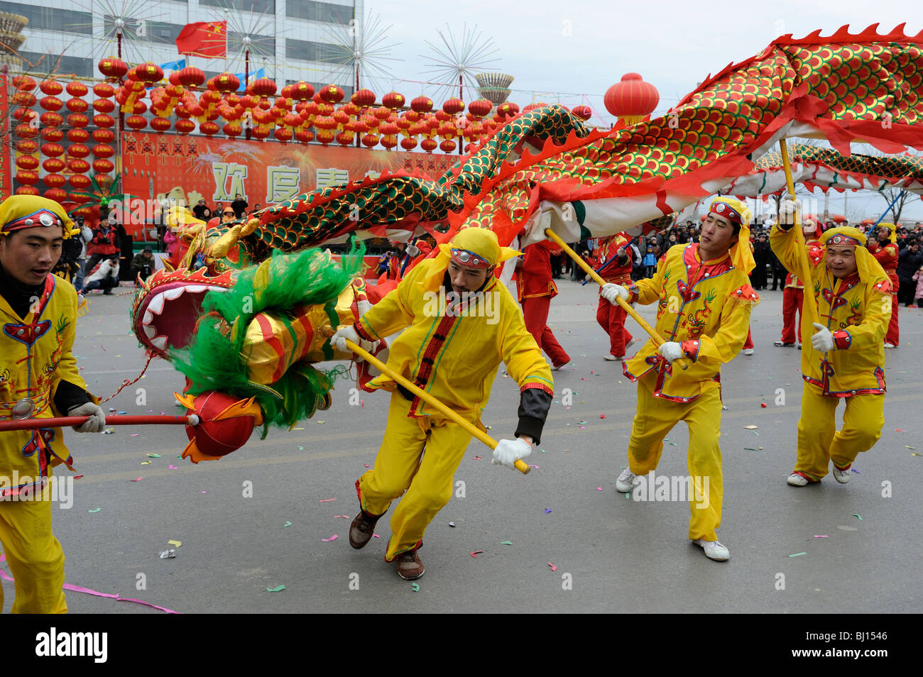 People perform traditonal dragon dancing during Yuanxiao Festival or the Lantern Festival in Yuxian, Hebei, China. 28-Feb-201010 Stock Photo
