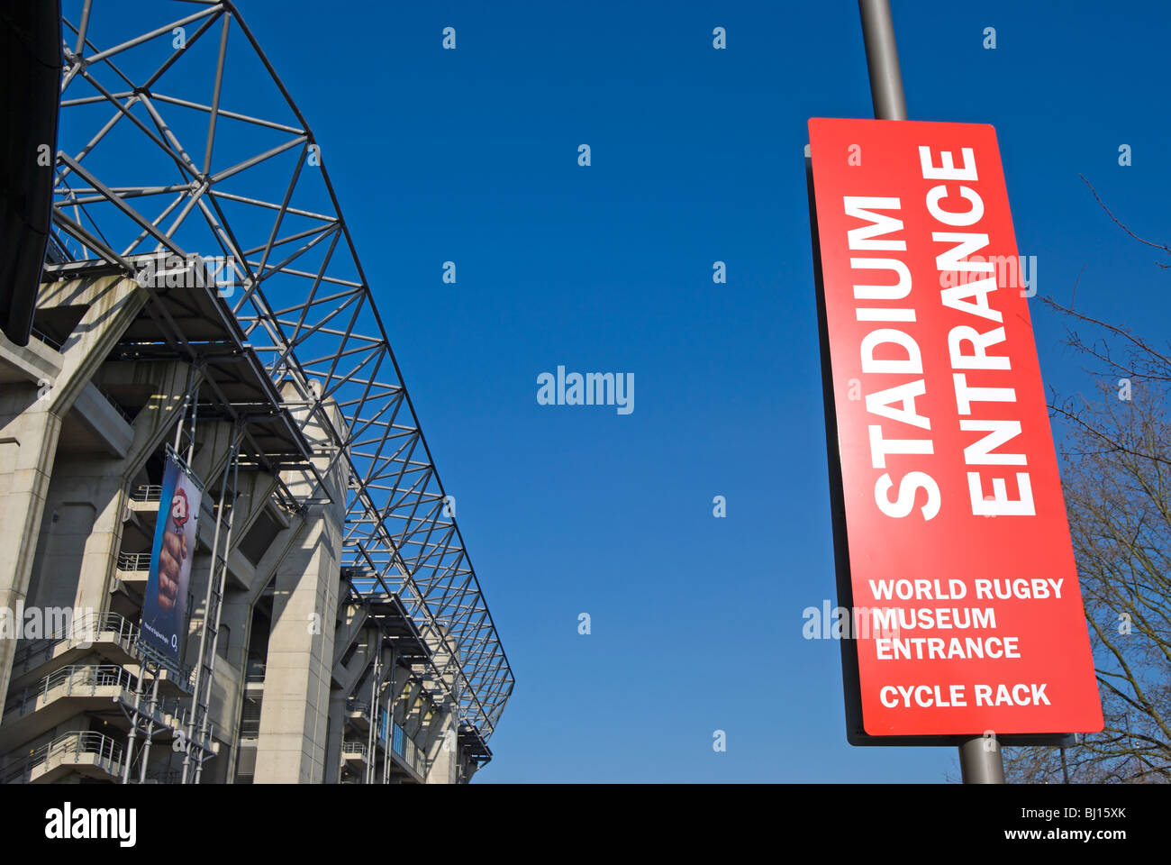 sign for stadium entrance, world museum of rugby and cycle rack, at twickenham stadium, twickenham, middlesex, england Stock Photo