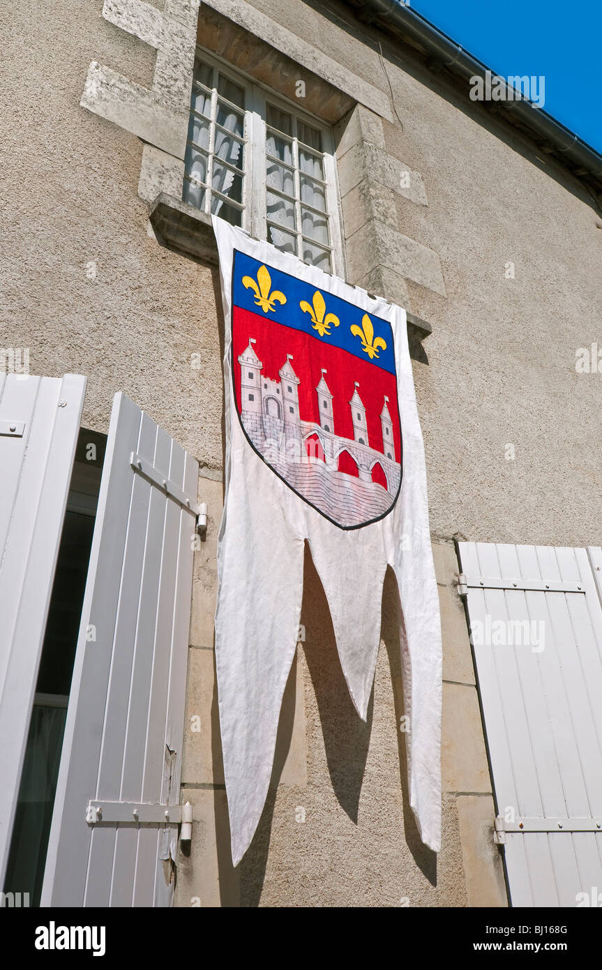 Pennant flag displaying Coat of Arms - Angles-sur-l'Anglin, Vienne, France. Stock Photo