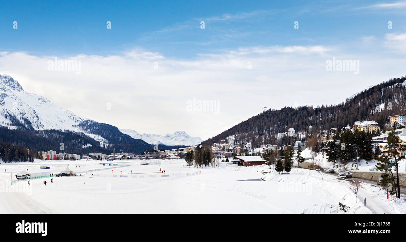 View over the lake from St Moritz Dorf towards St Moritz Bad, St Moritz, Switzerland Stock Photo
