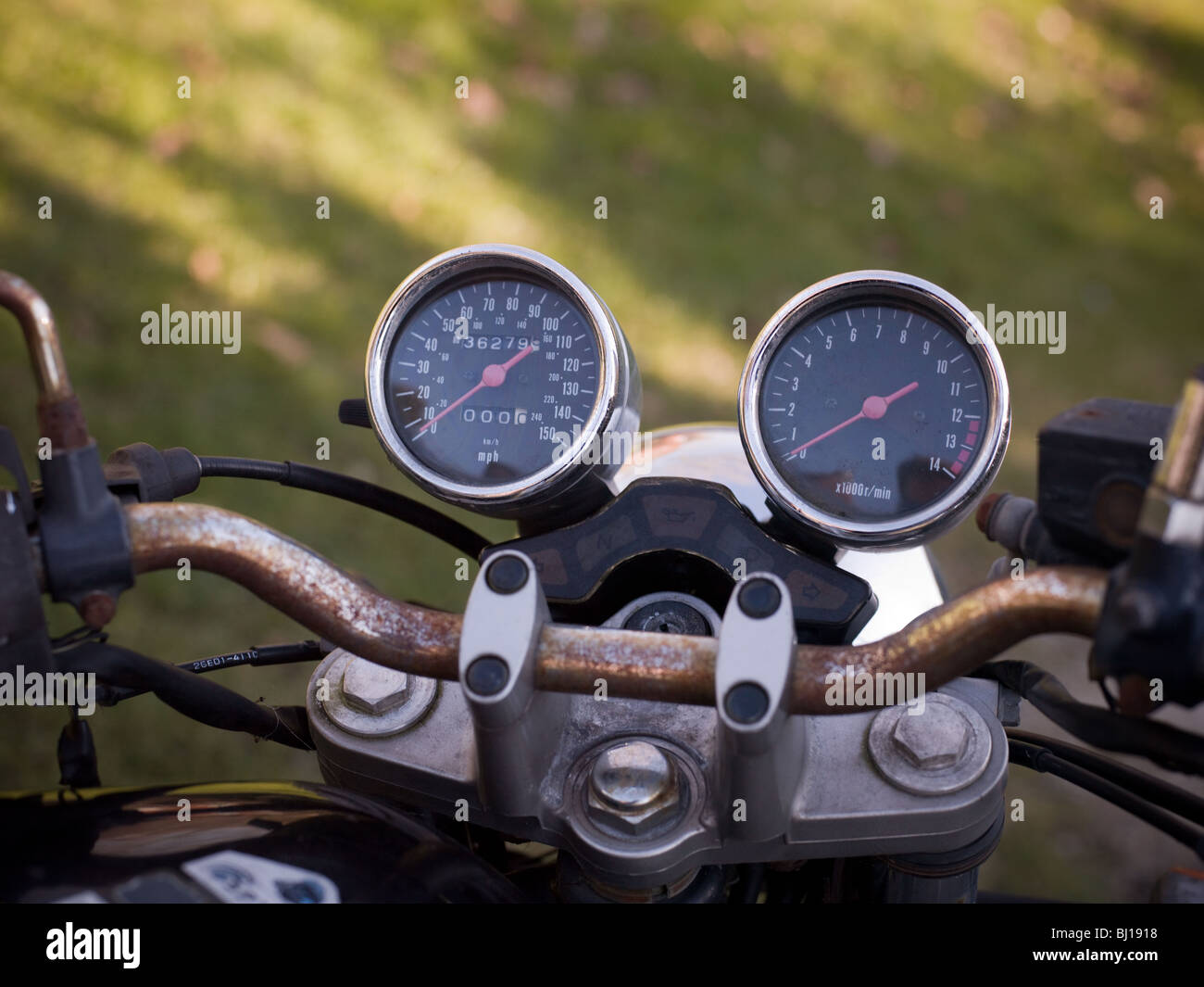 Handle bars of a motorcycle. Stock Photo