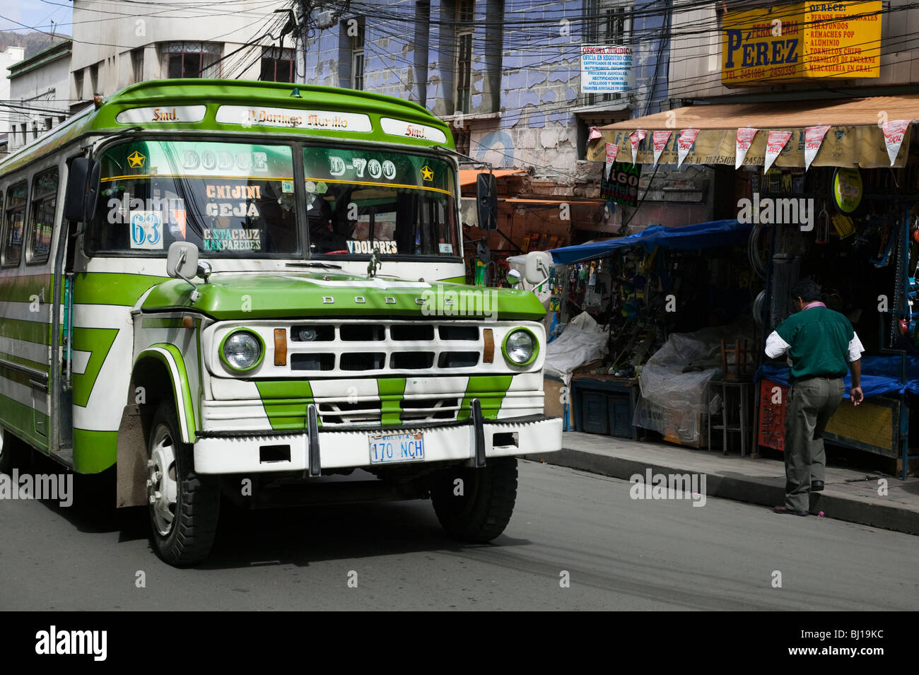 Green vintage micro bus in La Paz, Bolivia, South America Stock Photo