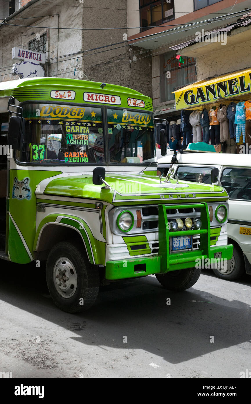 Vintage green micro bus in La Paz, Bolivia, South America Stock Photo