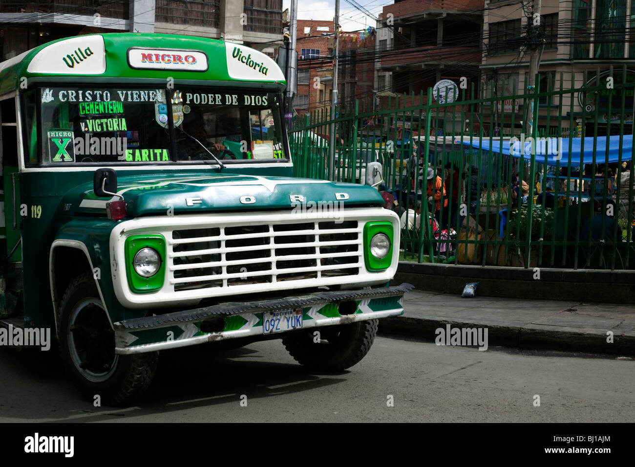 Vintage green micro bus in La Paz, Bolivia, South America Stock Photo