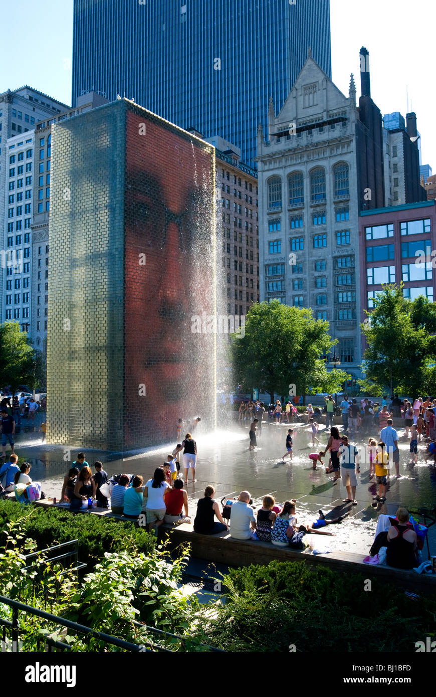 Crown Fountain, Chicago, Illinois. Interactive fountain designed by artist Jaume Plensa. Faces made with light emitting diodes. Stock Photo