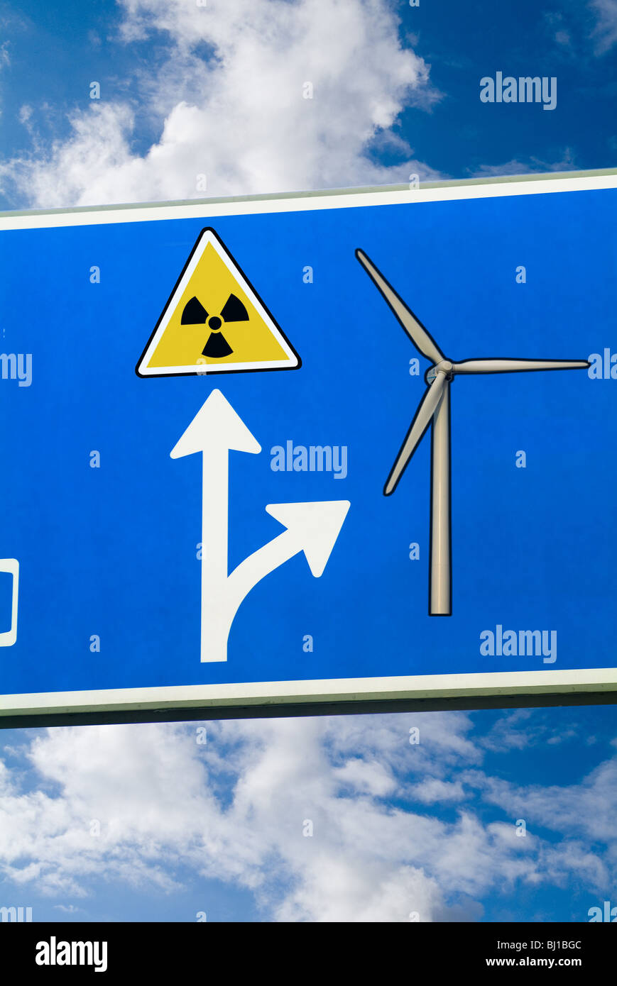 Signs of wind and nuclear power plants Stock Photo