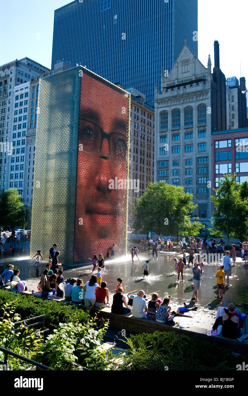 Crown Fountain, Chicago, Illinois. Interactive fountain designed by artist Jaume Plensa. Faces made with light emitting diodes. Stock Photo