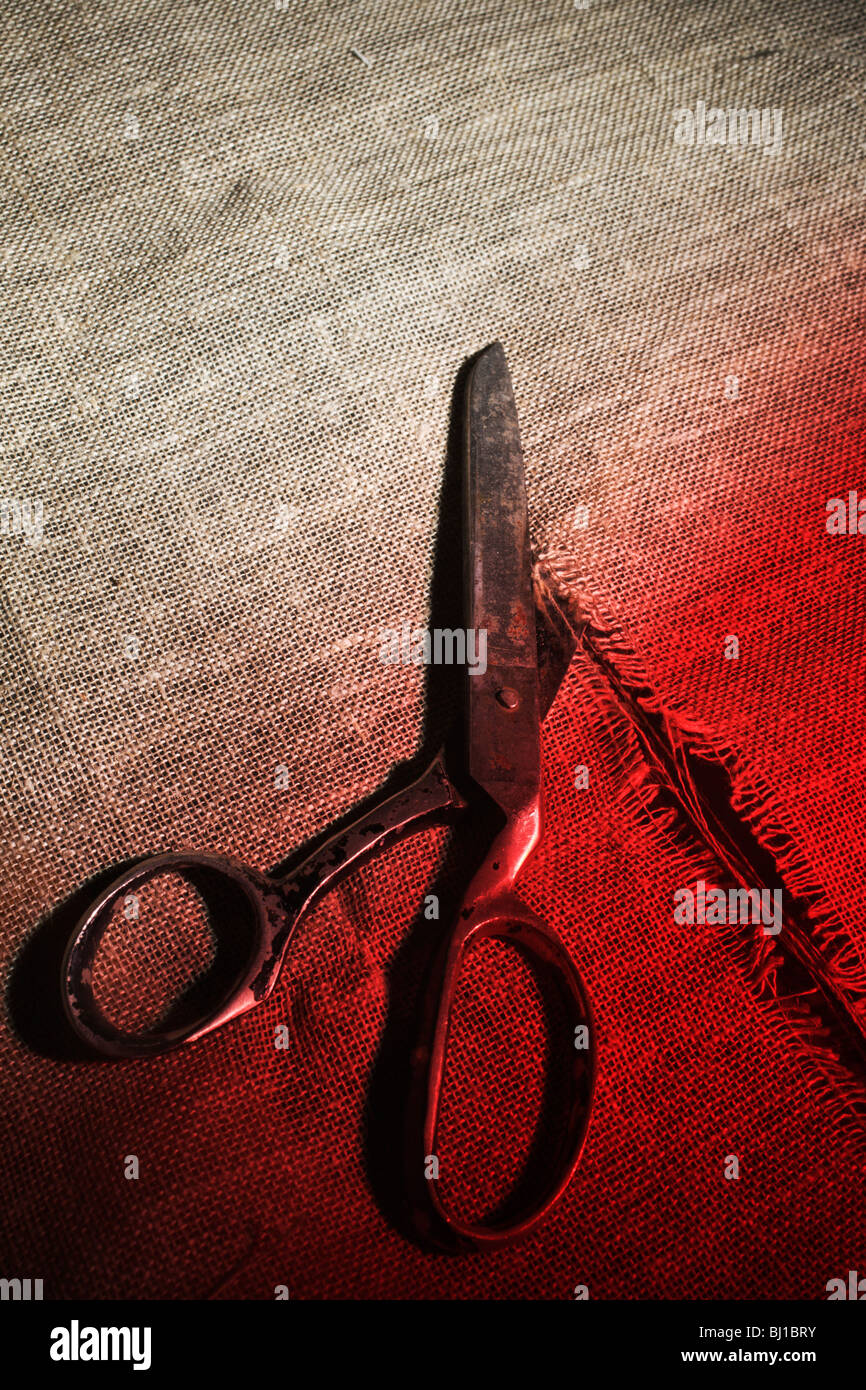 Sinister scissors in cut cloth Stock Photo
