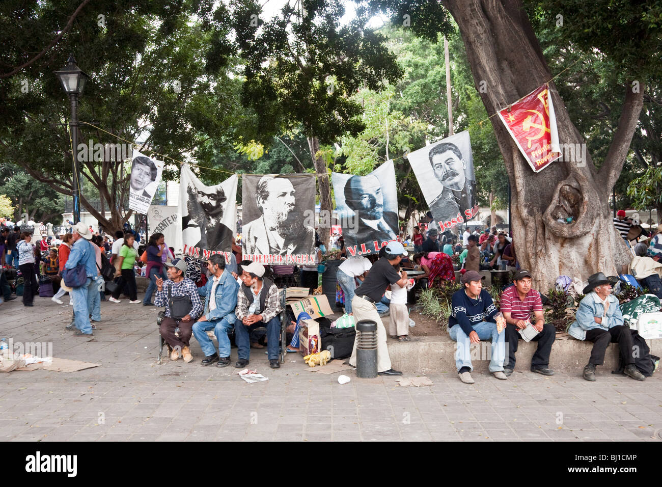 temporary sit-in at Oaxaca Zocalo by crowds of impoverished Mixteca people demanding social services for their rural communities Stock Photo