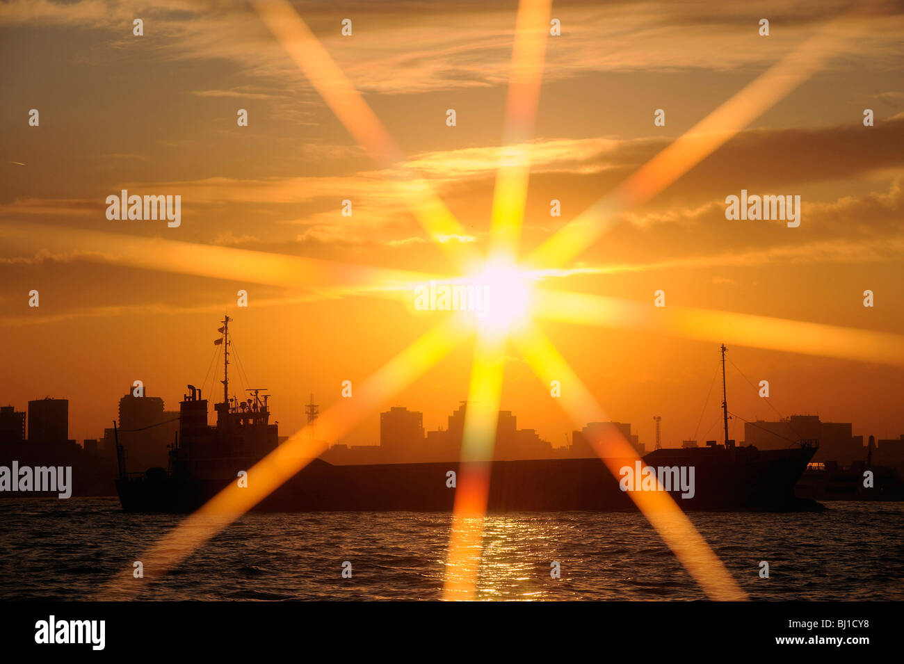 Freighter Vessels Pass Through The Main Shipping Port In Yokohama