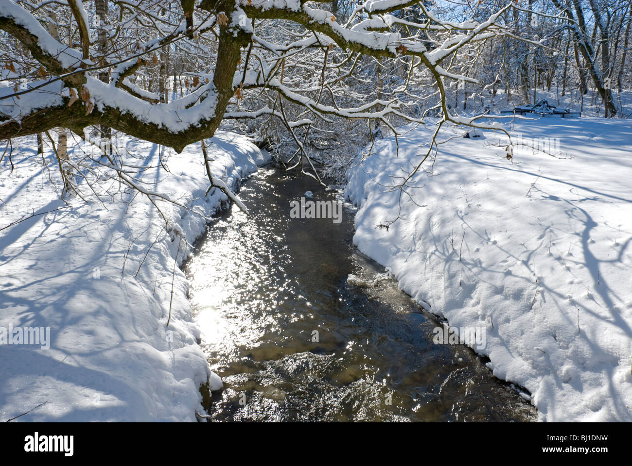 Small stream has broken the ice, and spring is coming soon. Stock Photo