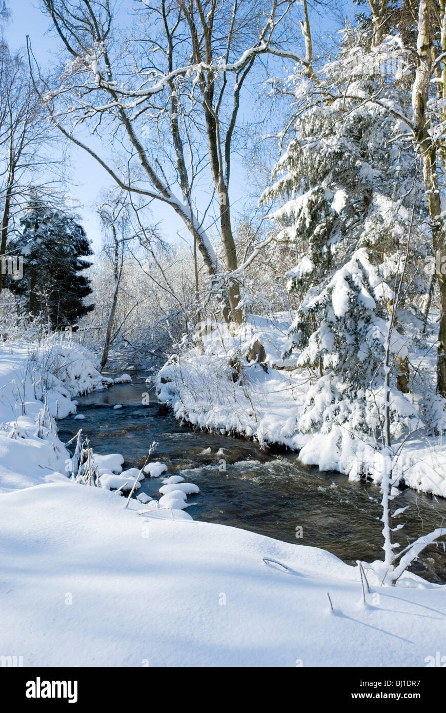 Small stream has broken the ice, and spring is coming soon. Stock Photo