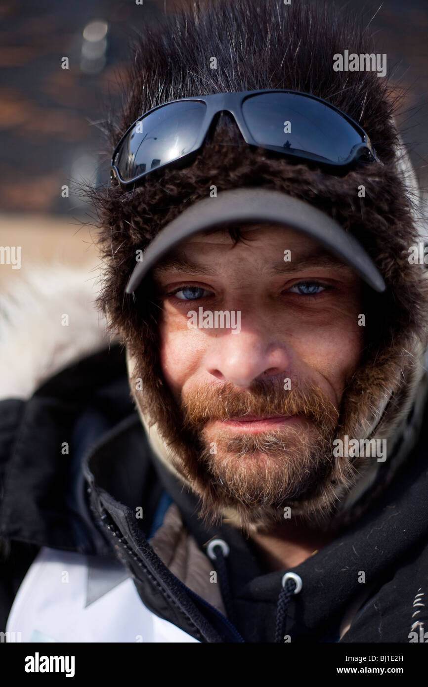 Portrait of Lance Mackey, three-time defending Iditarod champion, at the ceremonial start of the 2010 race. Stock Photo