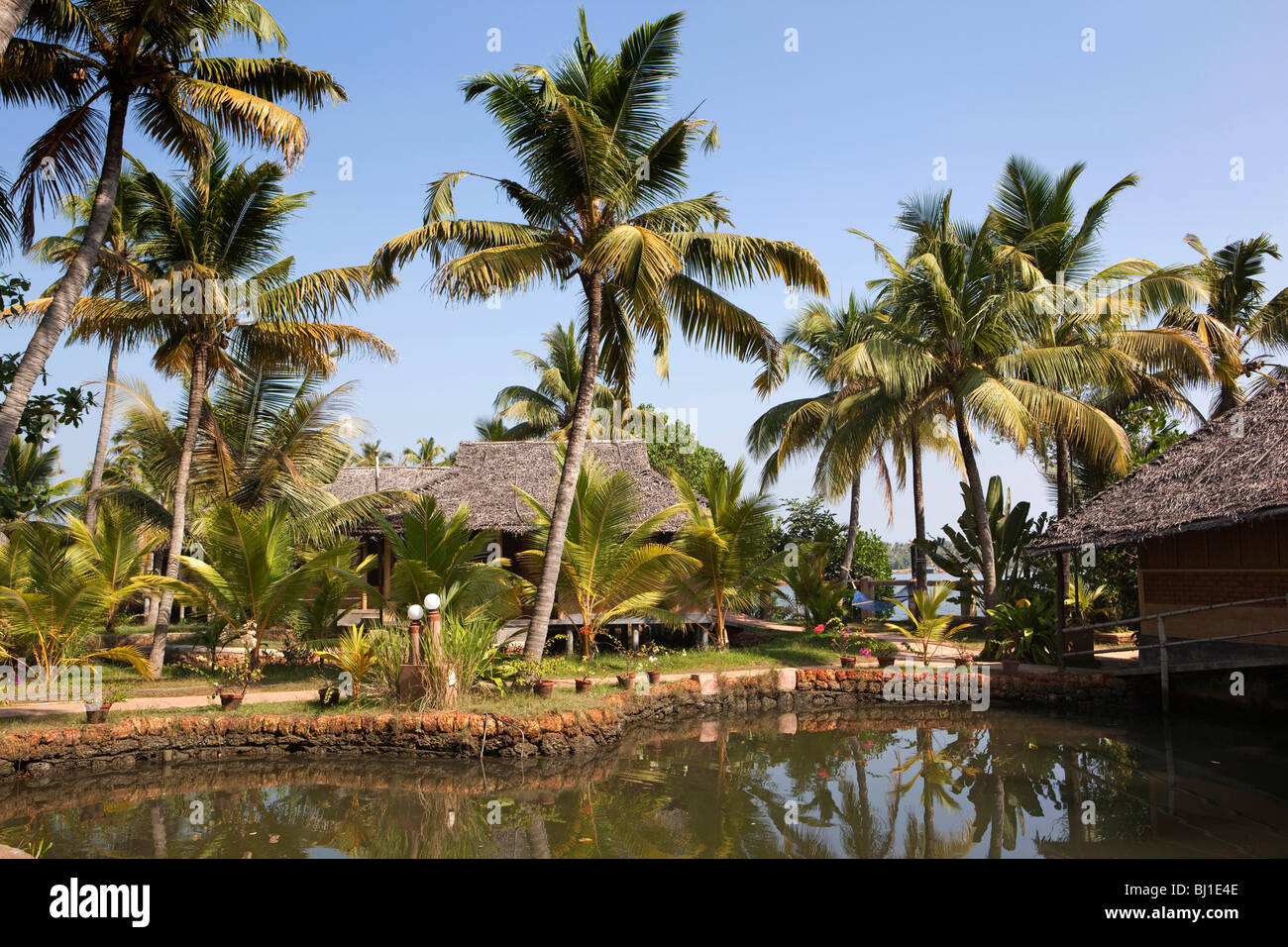 India, Kerala, Vypeen Island, Cherai Beach Resort, lagoonside accommodation bungalows Stock Photo