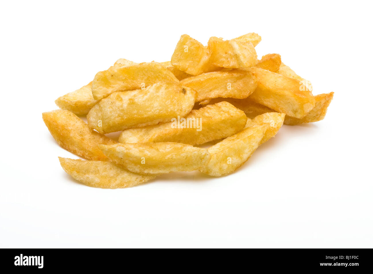 English Chip shop chips isolated against white background. Stock Photo