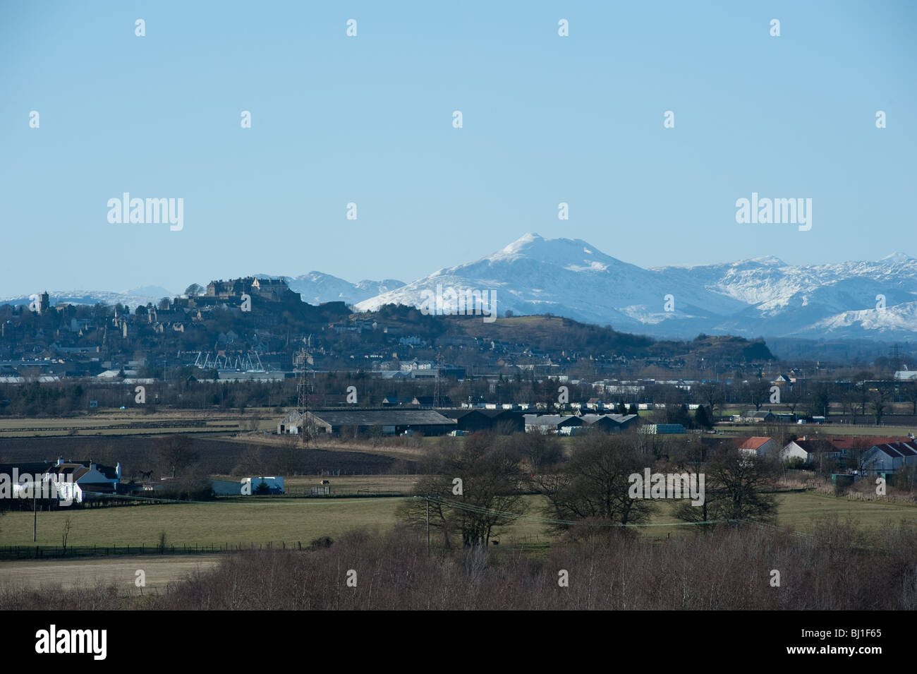 Stirling Castle looking north to the Trossach Hills. Stock Photo