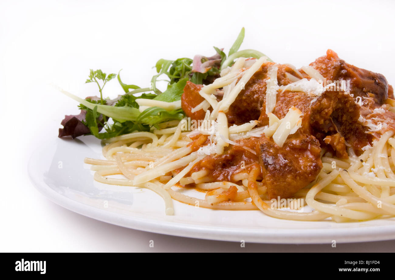 Home Cooked Meatballs with spaghetti and salad garnish Stock Photo