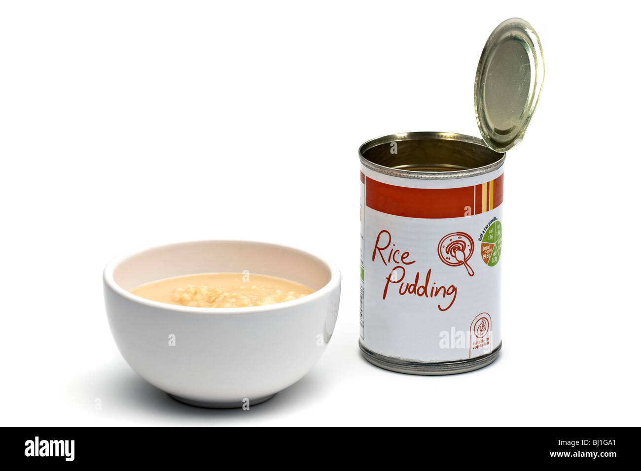 Open can of rice pudding emptied into a white dish Stock Photo - Alamy