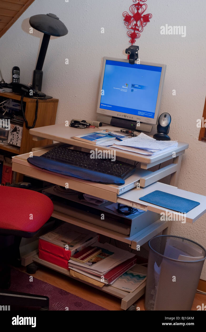 Office at Home, Inside Messy Computer Desk, inside, nobody Stock Photo