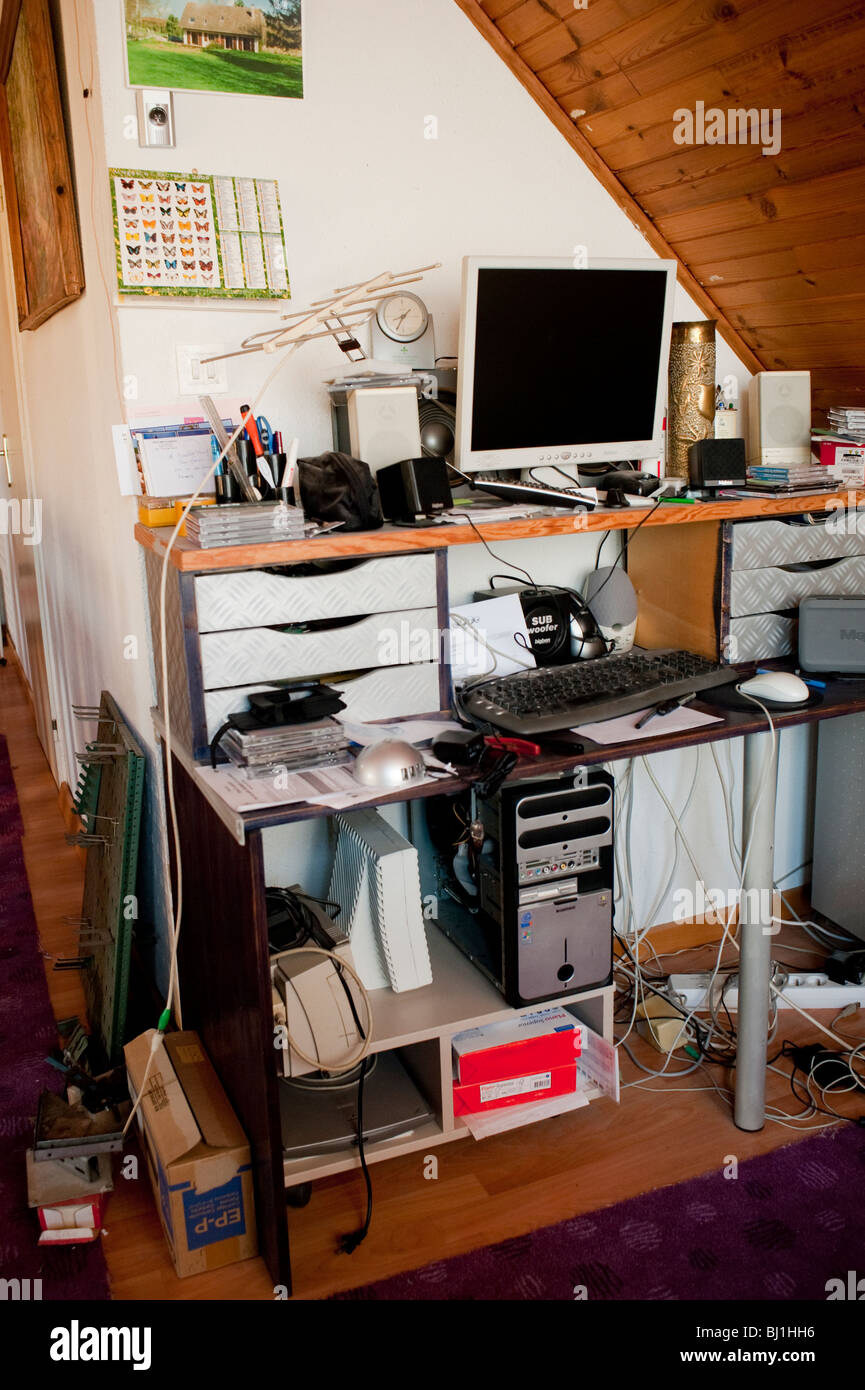Office at Home, Inside Computer Messy Desk, inside, nobody Stock Photo