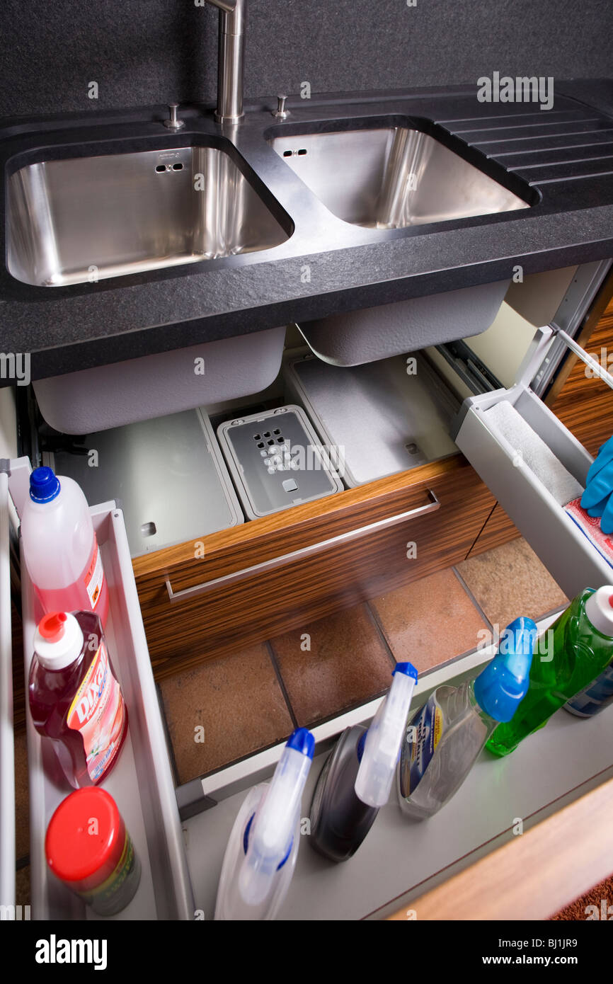 Organized kitchen cabinets and drawers Stock Photo
