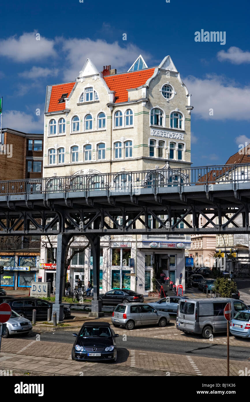 Subway passing a house at St.Pauli, Hamburg Harbour ,Germany, Europe Stock Photo