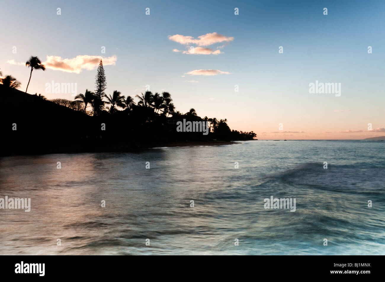 Lahaina Maui Hawaii just before sunrise, taken from Lahaina Harbor.  This area is popular as a surfing spot Stock Photo
