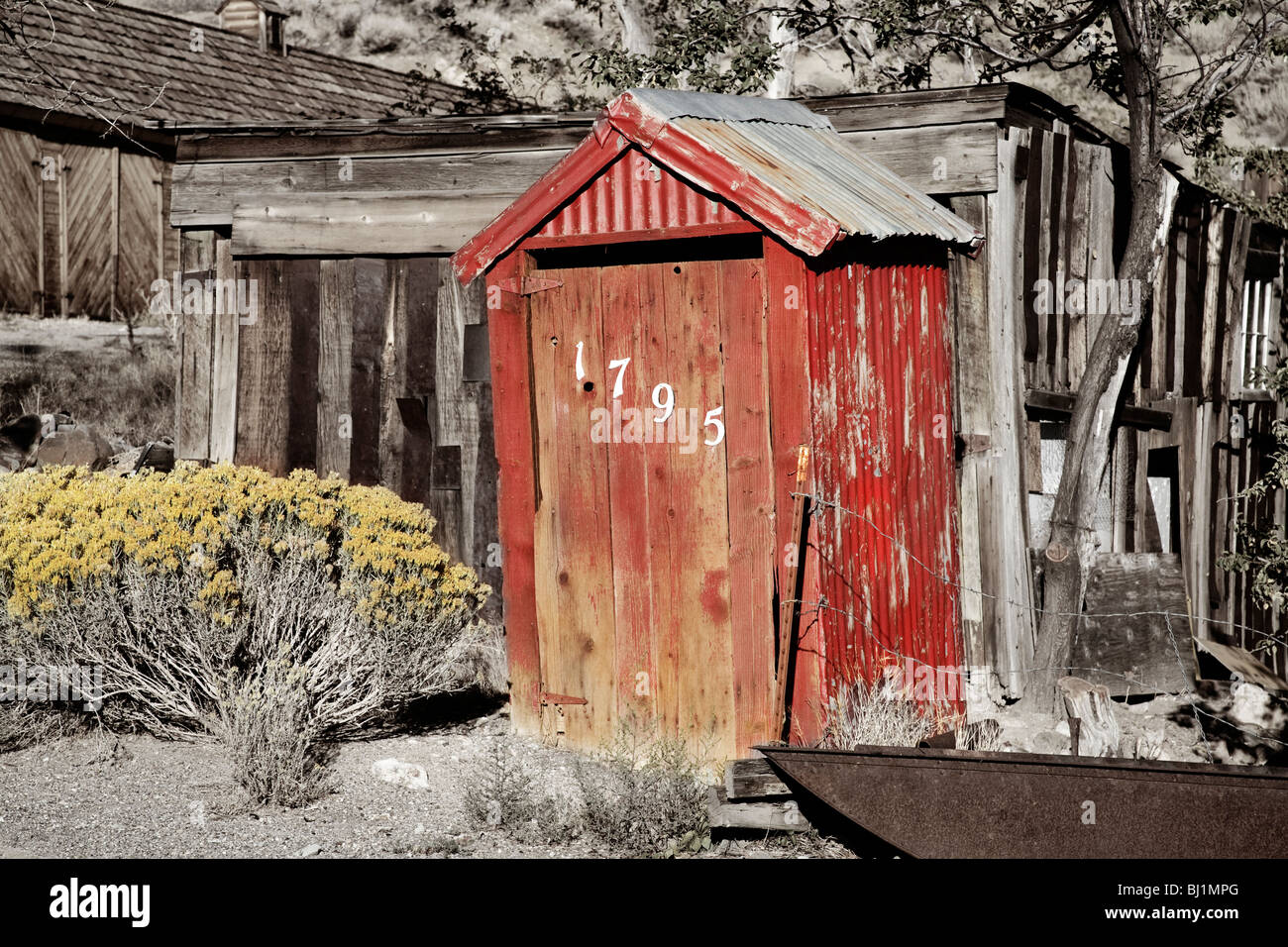 Outhouse in Gold Hill near Virginia City, Nevada, USA Stock Photo