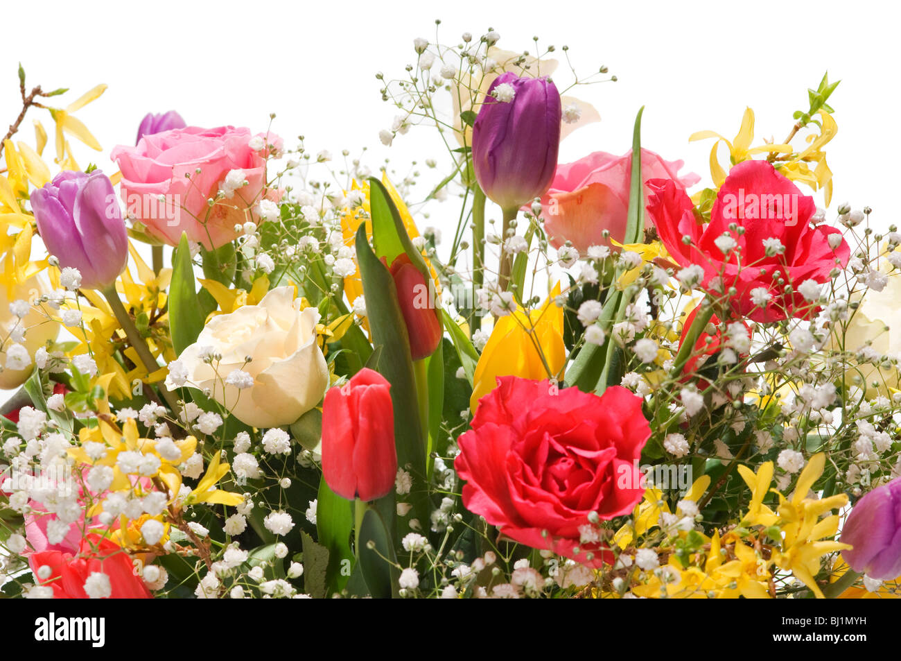 Bouquet of Spring flowers in clear glass vase isolated as a cutout against  white studio background Stock Photo