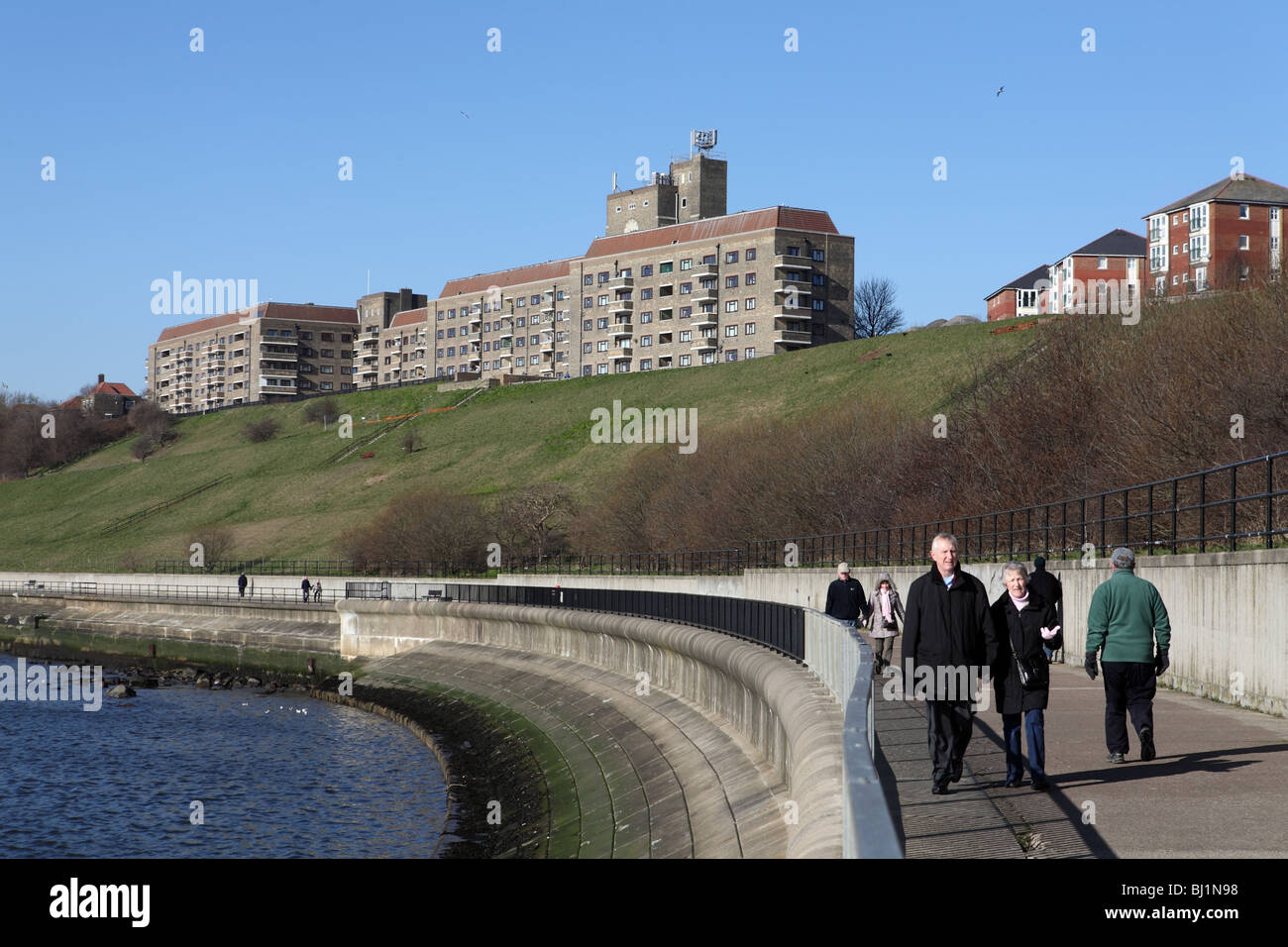 Sir James Knott Memorial Flats Tynemouth seen from the bank of the river Tyne, Tyne and Wear, England, UK Stock Photo