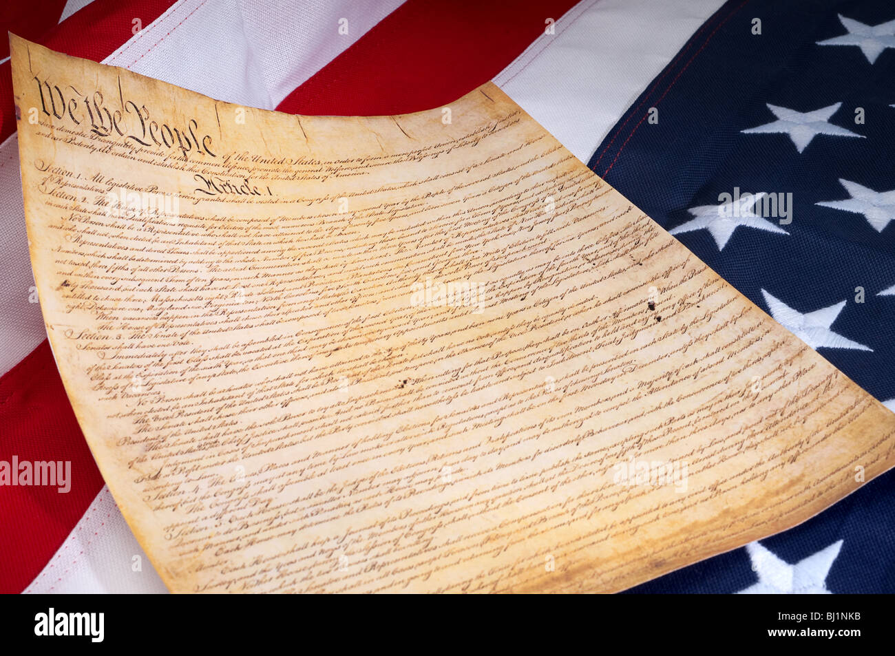 the first page of the US Constitution of the American flag Stock Photo