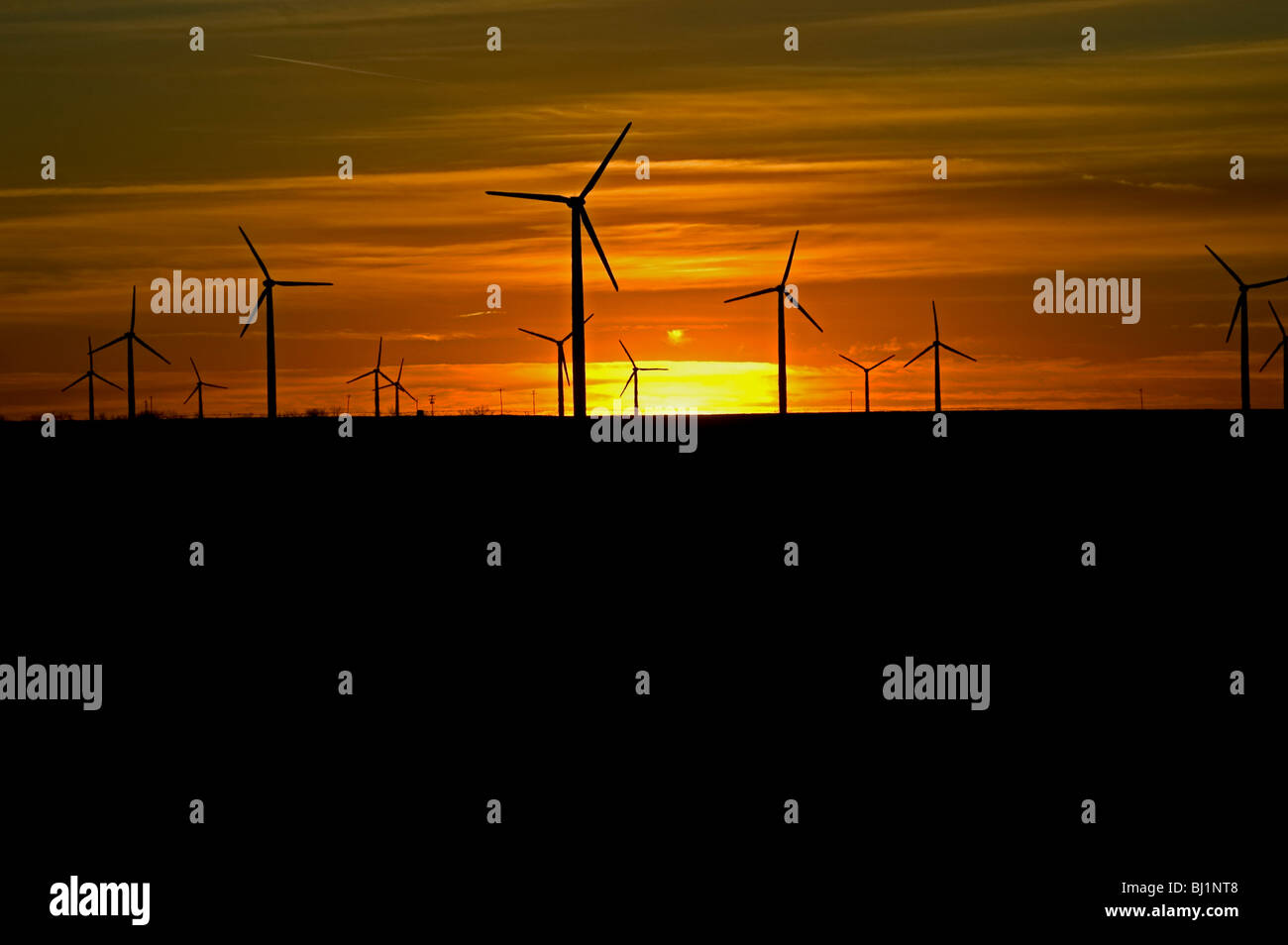 A field of wind turbines at dusk, sunset Stock Photo - Alamy