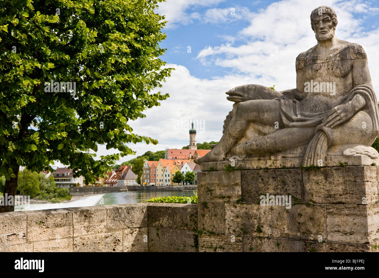 Sculpture with river and townscape, Landsberg am Lech, Bavaria, Germany Stock Photo