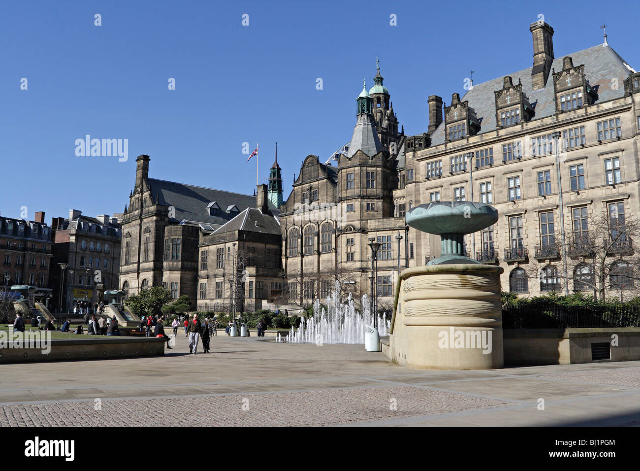 Sheffield Town Hall and the Peace Gardens England UK, Sheffield city centre Grade I listed victorian building architecture Stock Photo