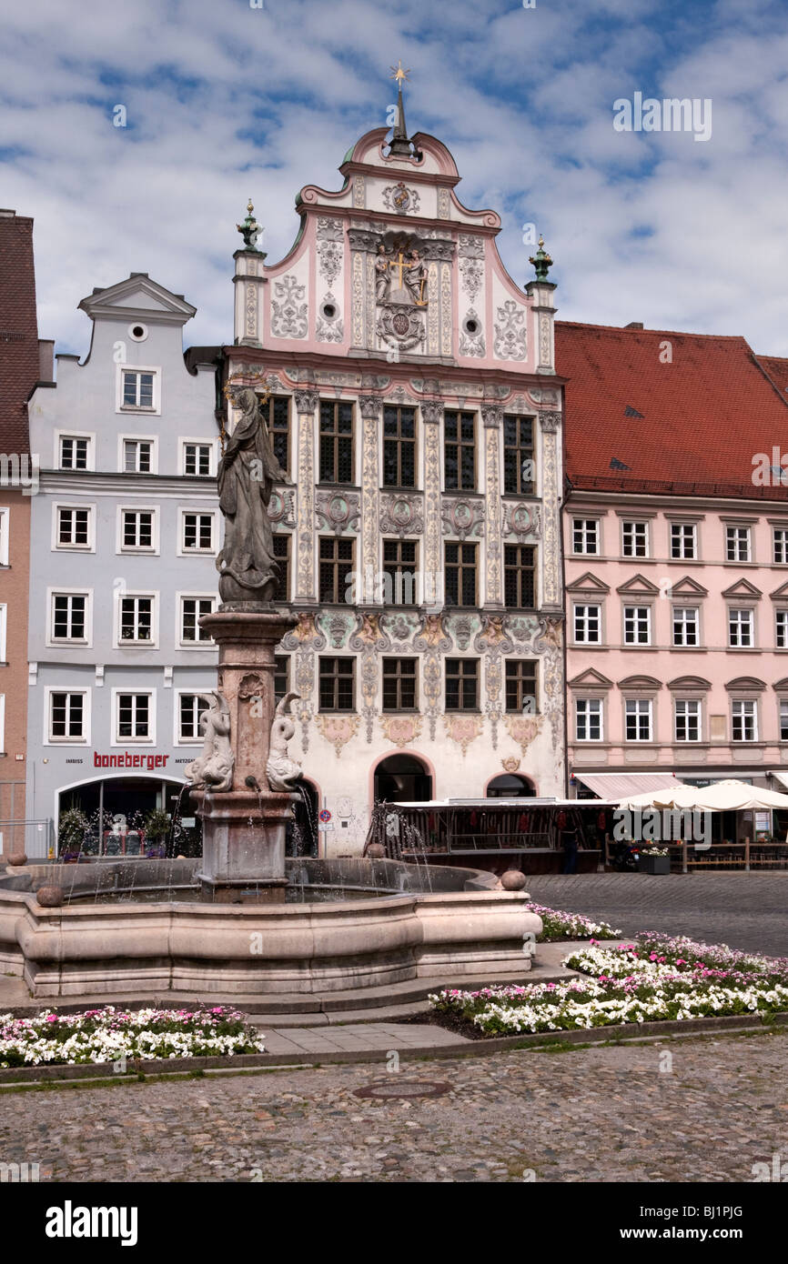 Fountain with garden and shops, Rathaus, Town Hall, Landsberg am Lech, Bavaria, Germany Stock Photo