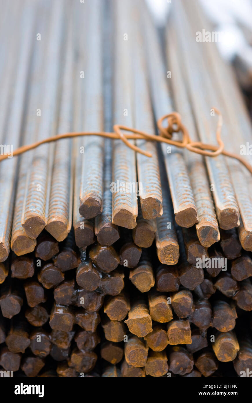 Cross-sectional close-up of Rusty High Tensile Deformed Steel Bar Stock Photo