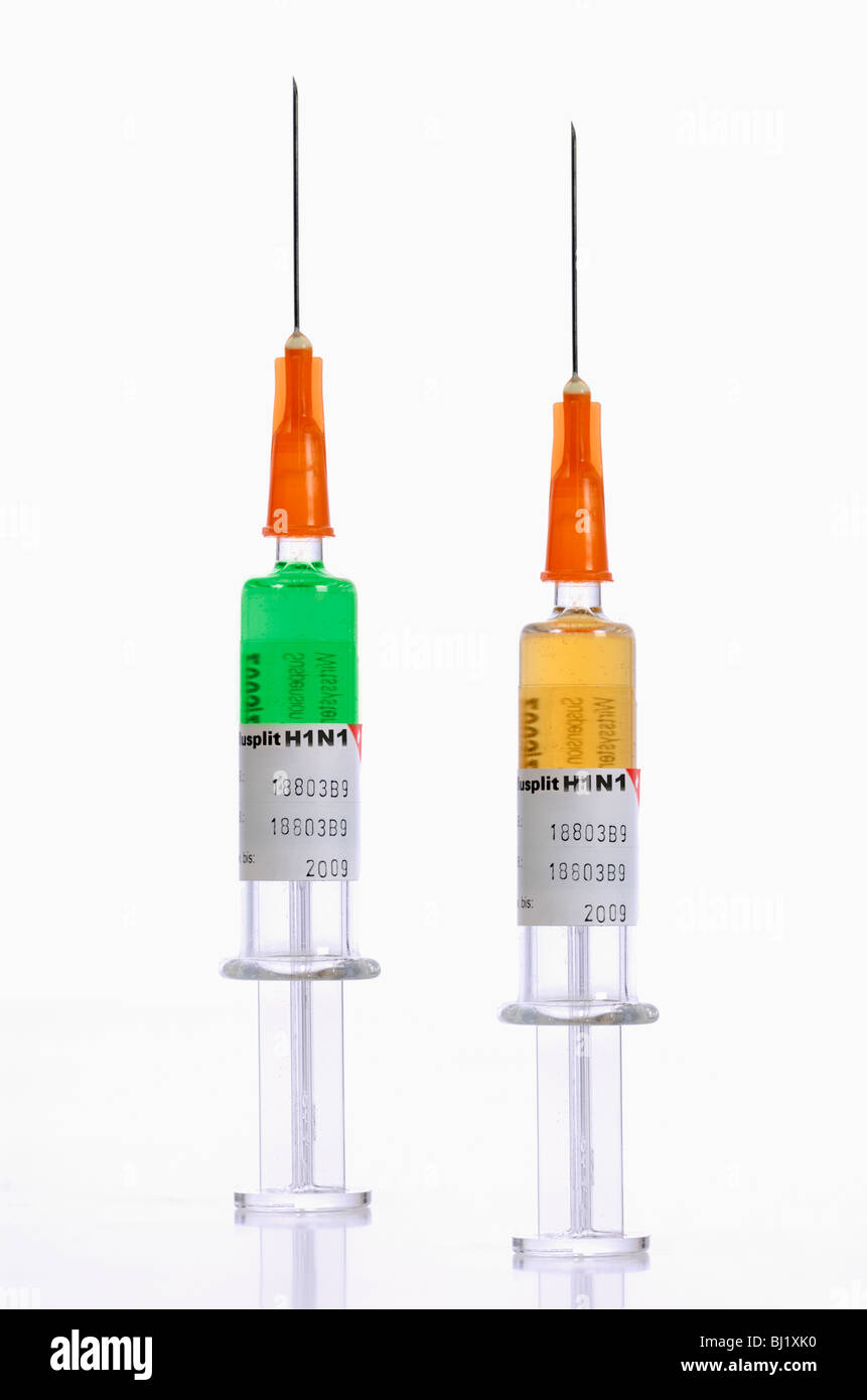 Different vaccines against swine flu in two syringes Stock Photo