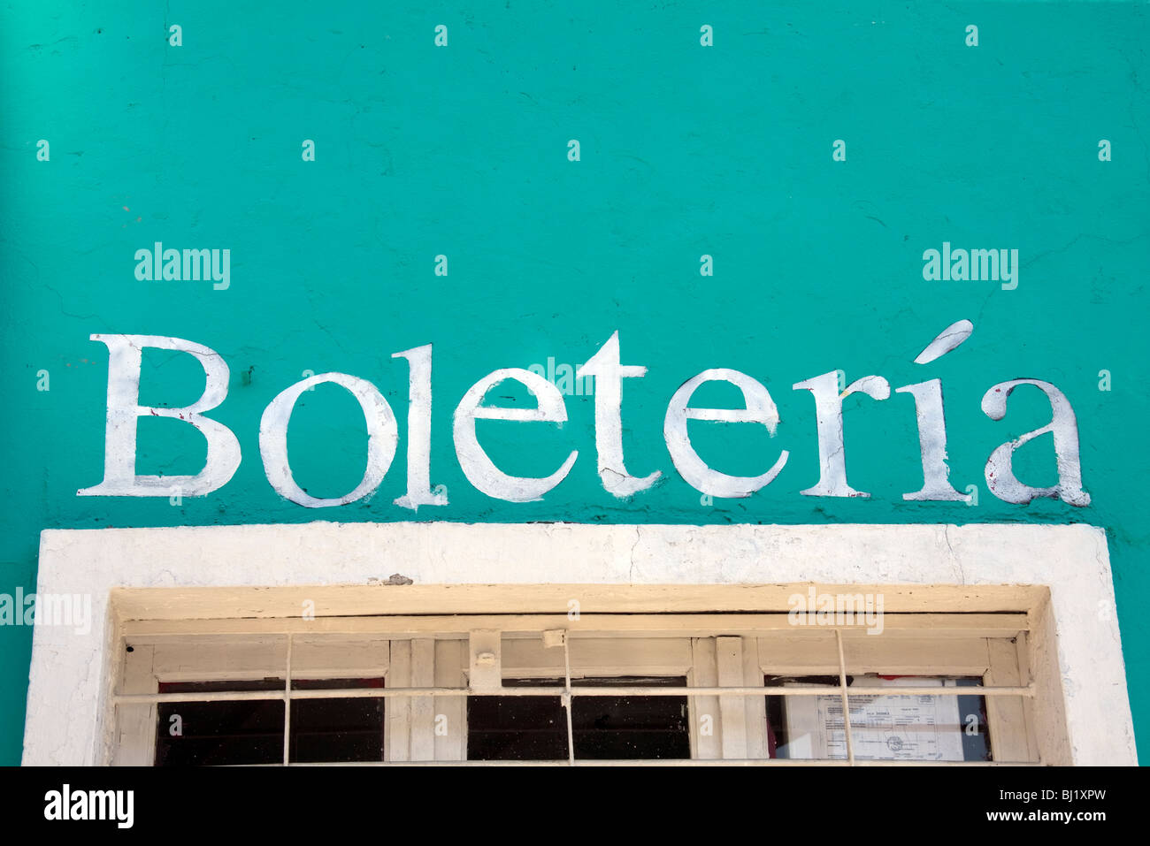 Boleteria sign on turquoise-colored building Santiago, Chile, South America Stock Photo