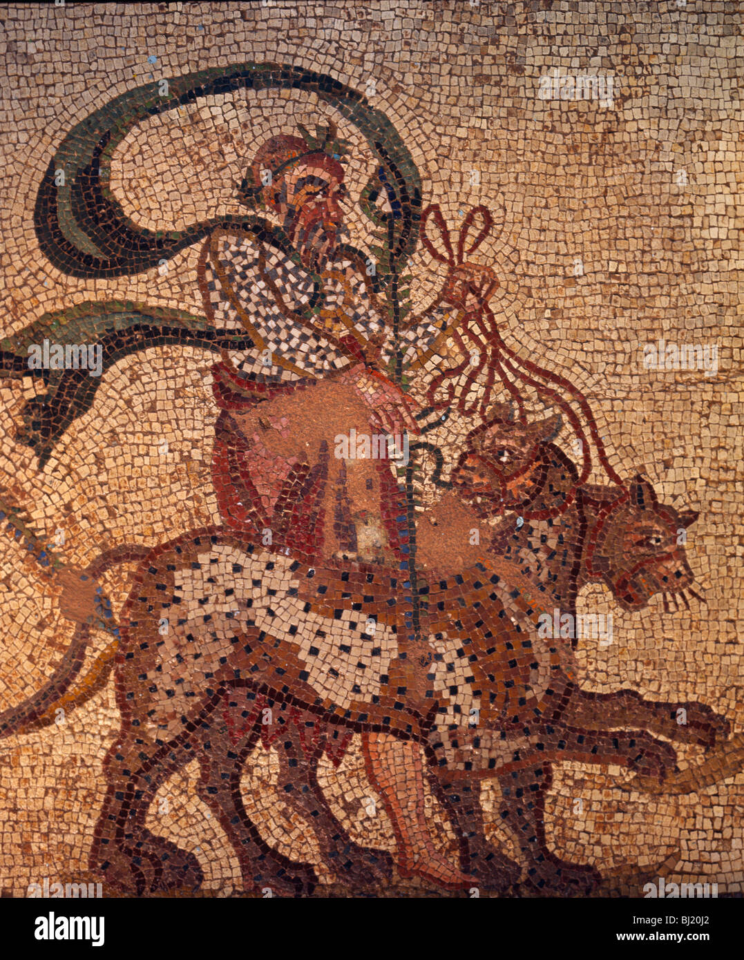 Triumph of Dionysus, Silenos with leopards pulling chariot, Roman mosaic, 3rd century, from floor of Roman villa, Paphos, Cyprus Stock Photo