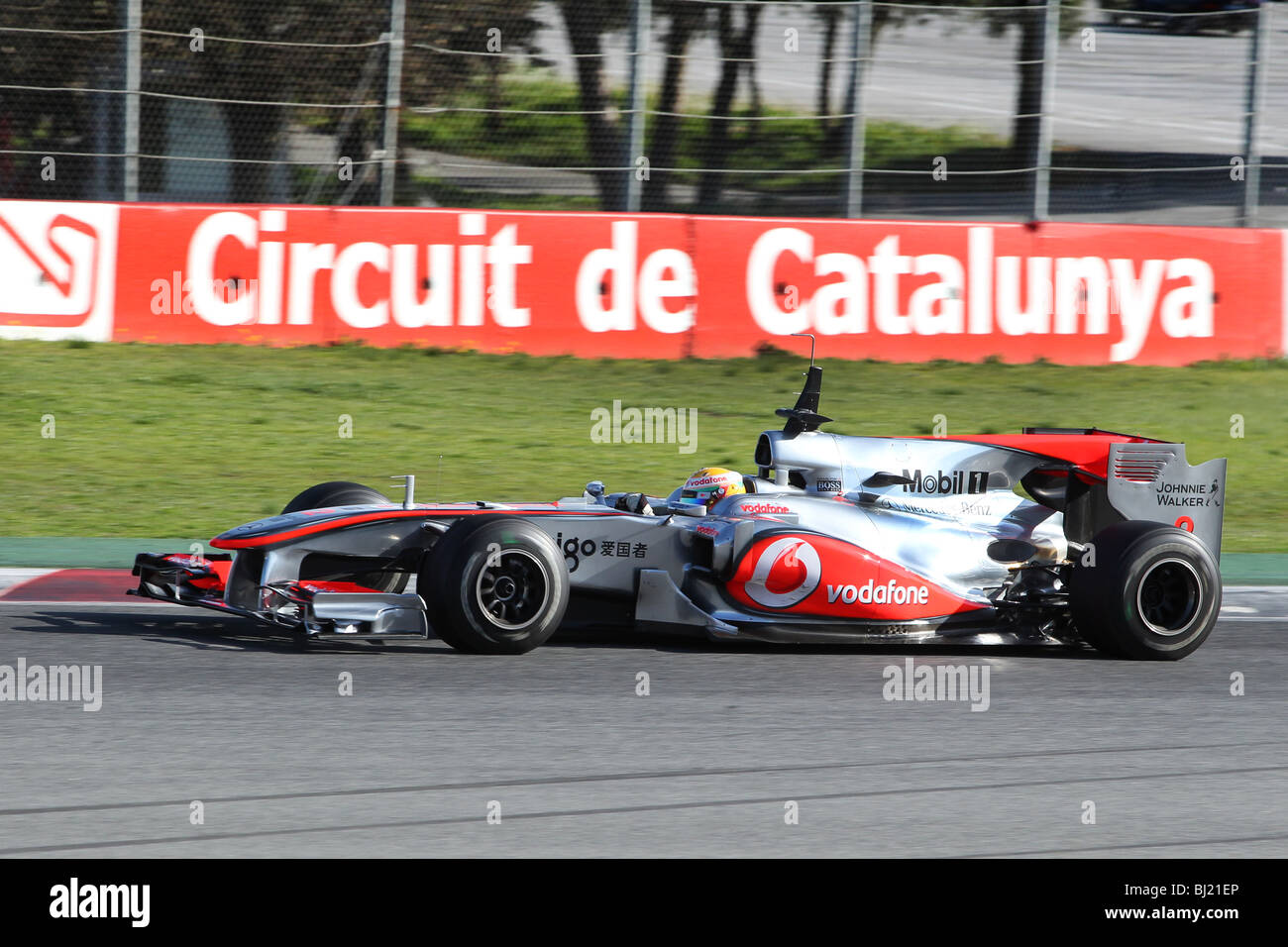 Lewis Hamilton driving the McLaren Mercedes Formula One car in Barcelona. Stock Photo