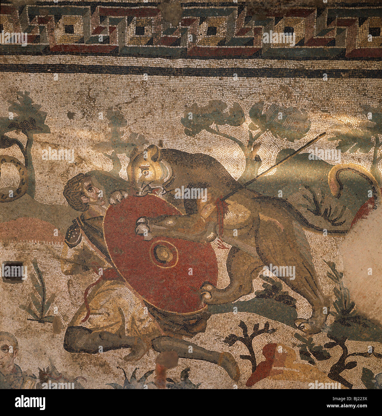 Piazza  Armerina Sicily Roman  mosaic of a Lion attacking Hunter 3rd to 4th century Stock Photo