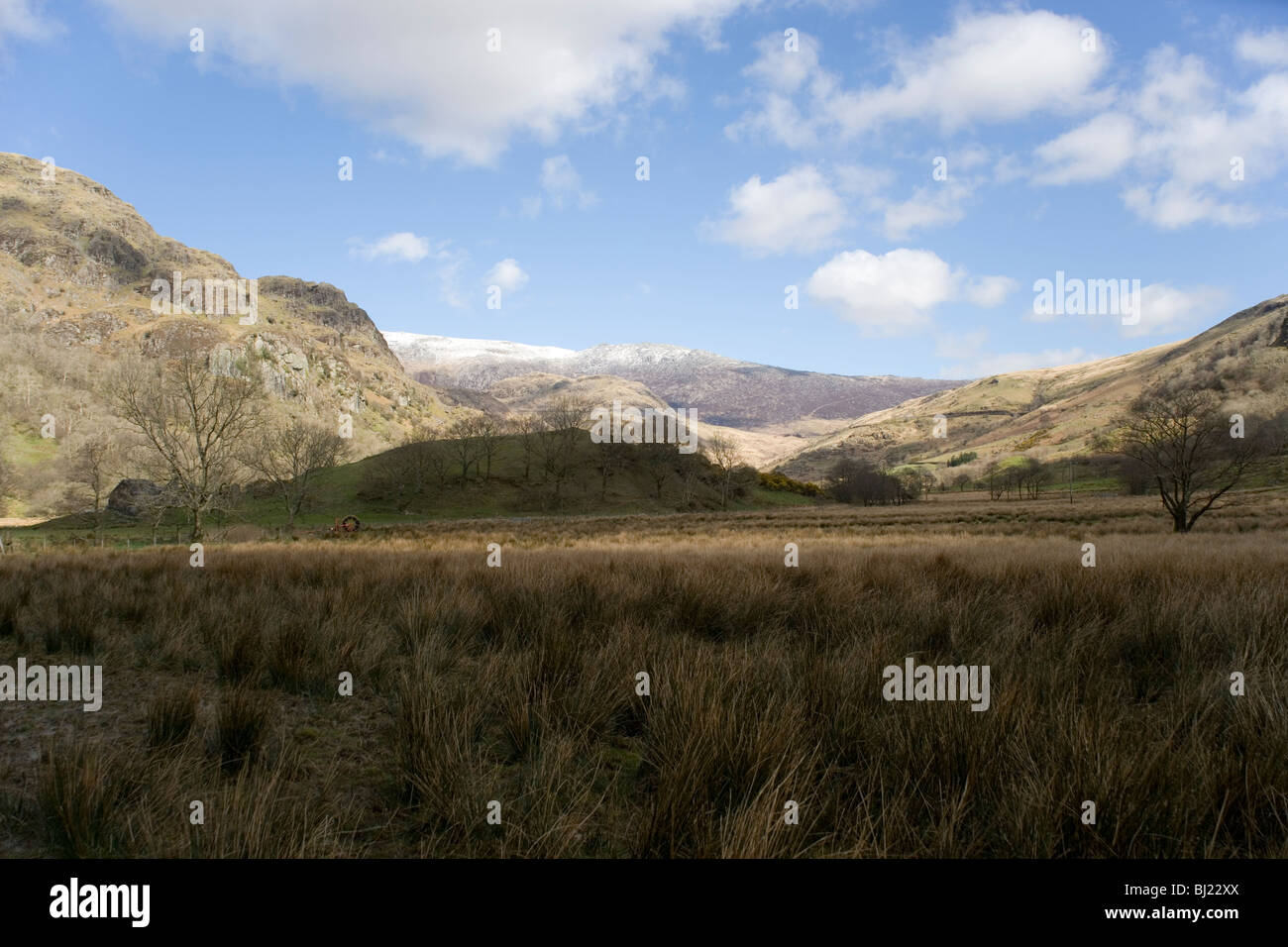 The Glyder mountain range from Nant Gwynant valley floor in Snowdonia, North Wales Stock Photo