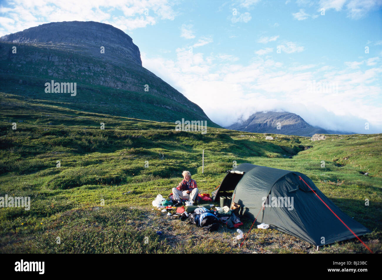 Tent in a mountain scenery, Sweden. Stock Photo