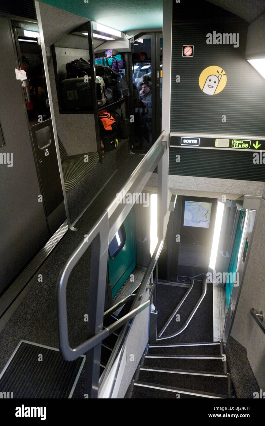 Corridor and stairs inside a double deck Train Grande Vitesse carriage
