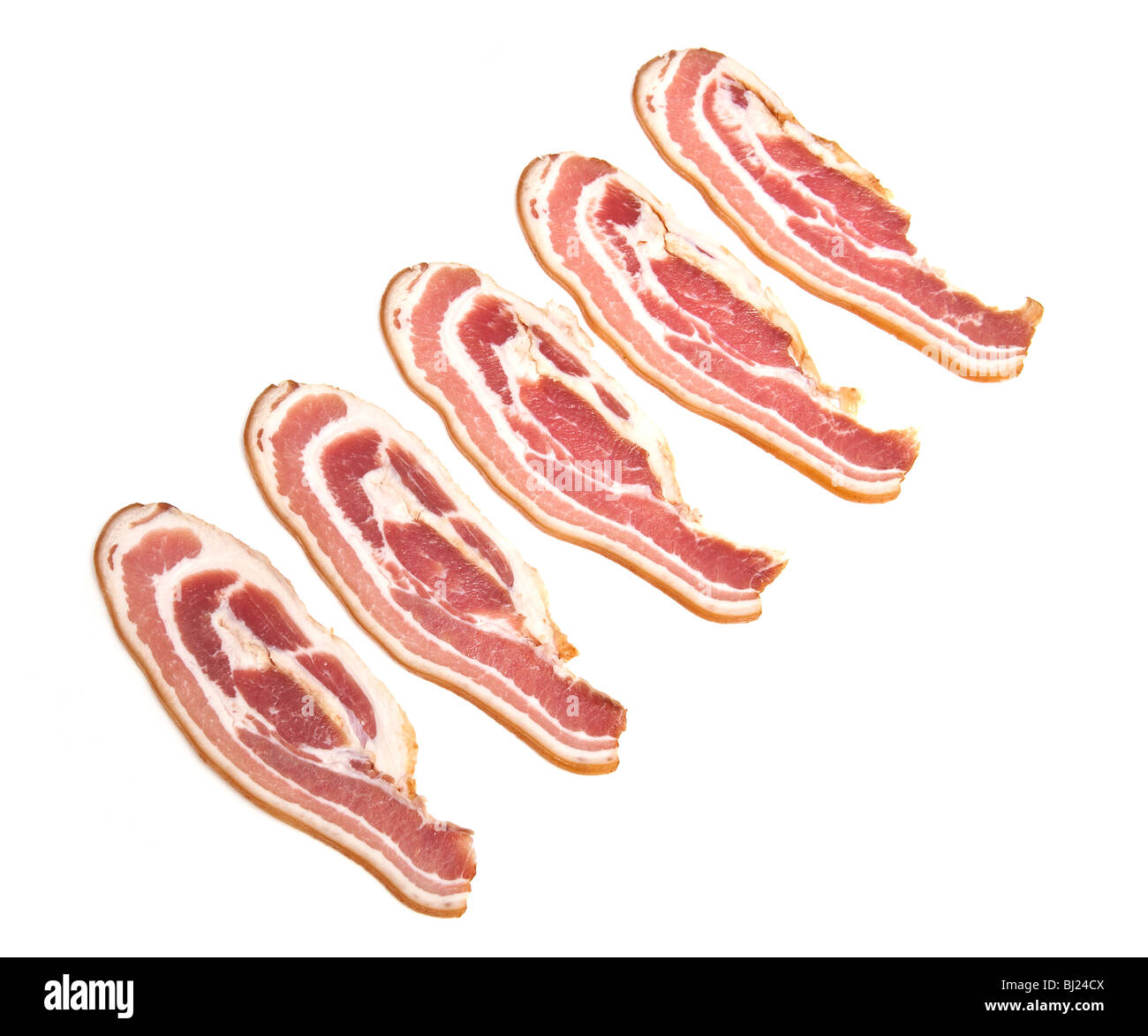 Streaky bacon rashers isolated on a white studio background Stock Photo