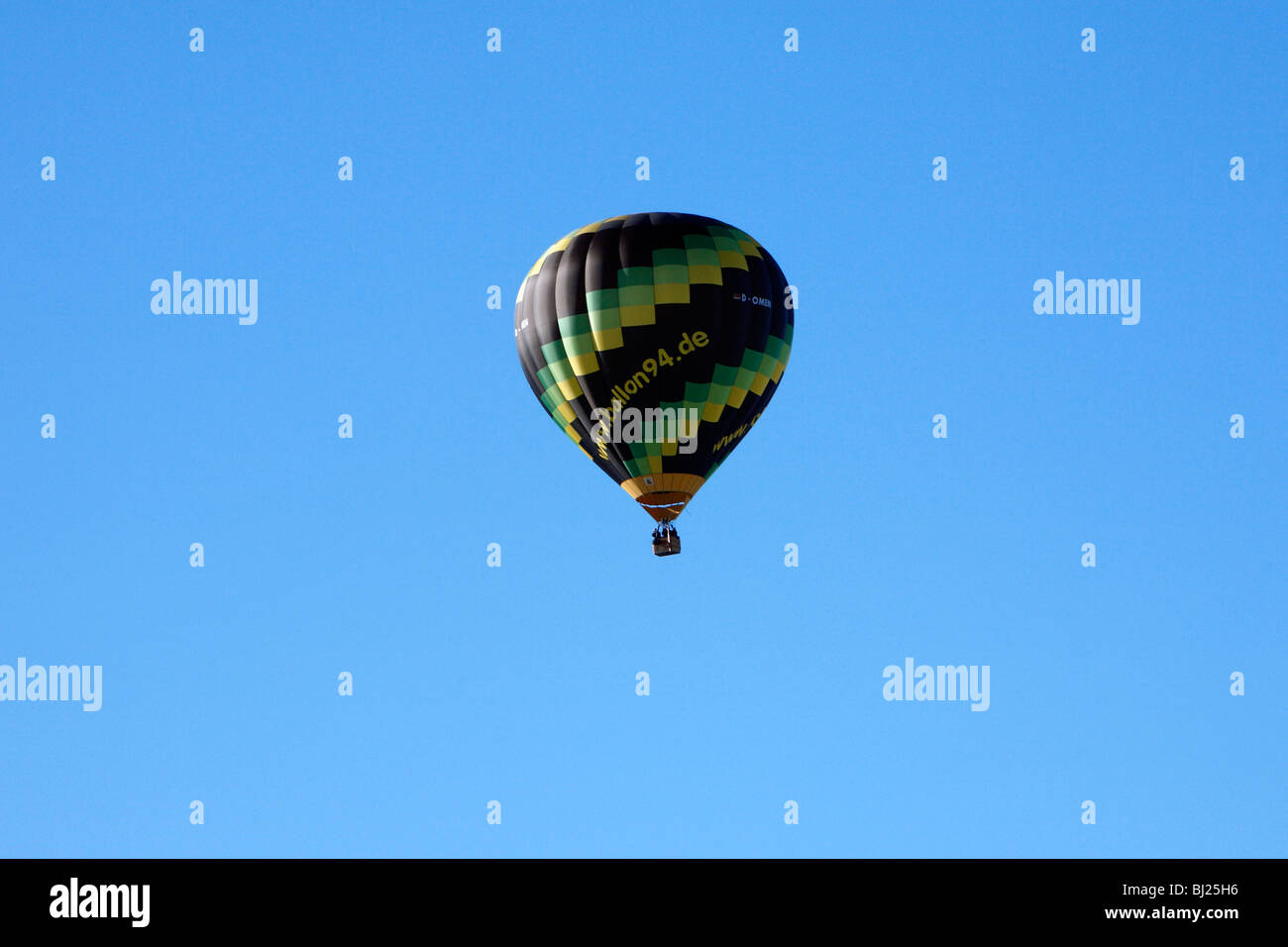 Hot air ballon, flying in winter, Harz mountains, Germany Stock Photo