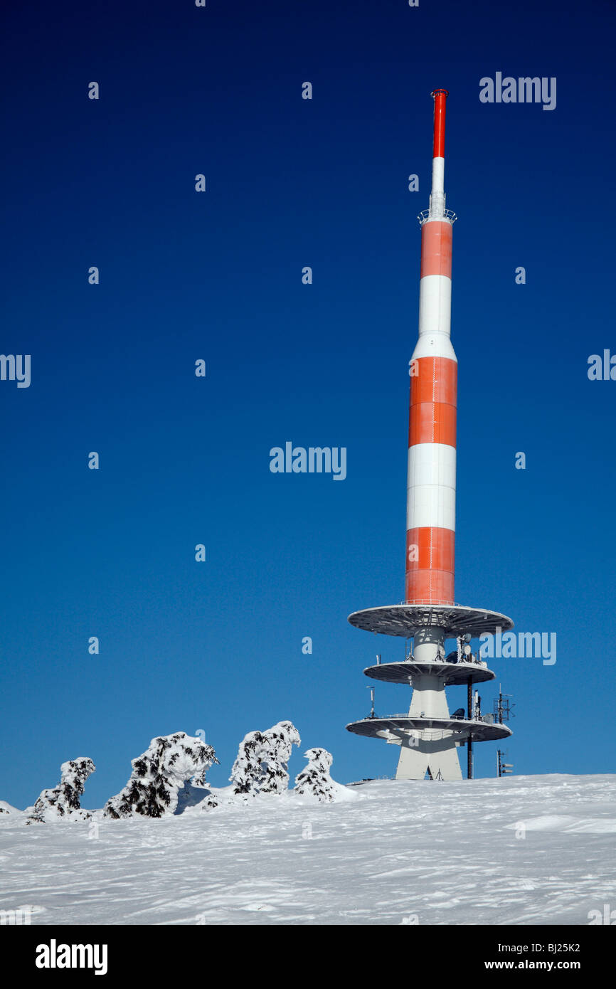Transmission Mast, in winter, Brocken mountain, Hochharz National Park, Sachsen Anhalt, Germany Stock Photo